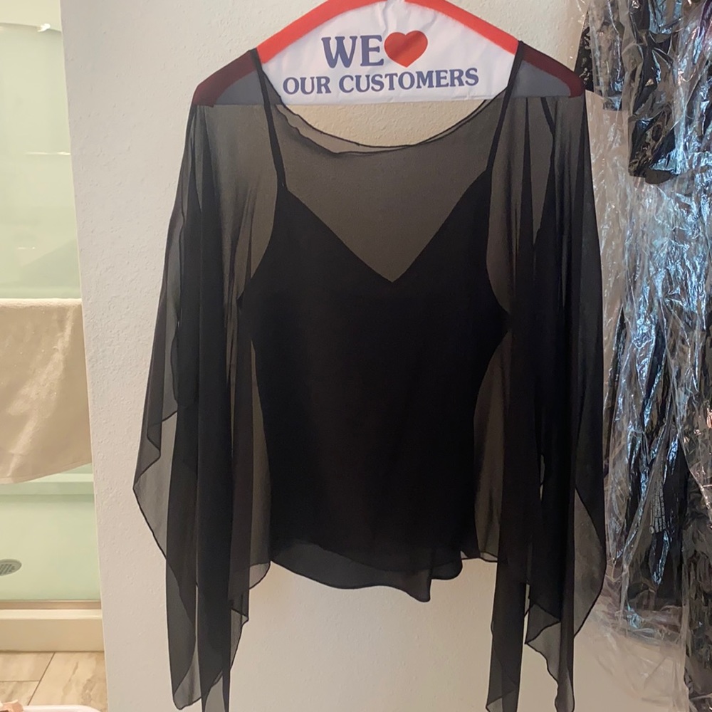 Silk tank with black sheer “poncho”
